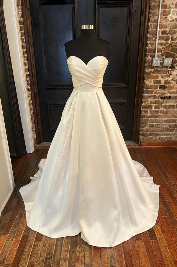 Wholesale White Satin Long A-Line Prom Dress White Sweetheart Neck Formal Dress